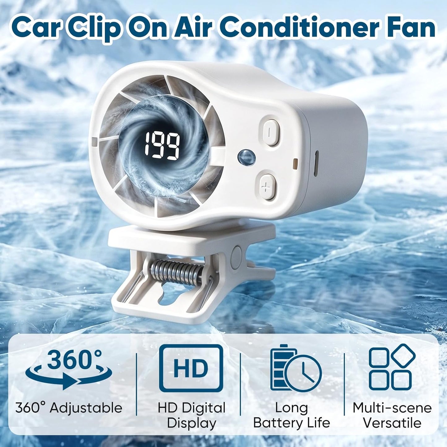 Car Clip on Air Conditioner Fan with LED Display, 360 Rotation, 199 Speeds & Semi-Cooling Technology, USB Rechargeable Personal Fan, Hands-Free Clip on Fan for Cars, Camping (Dark Gray)